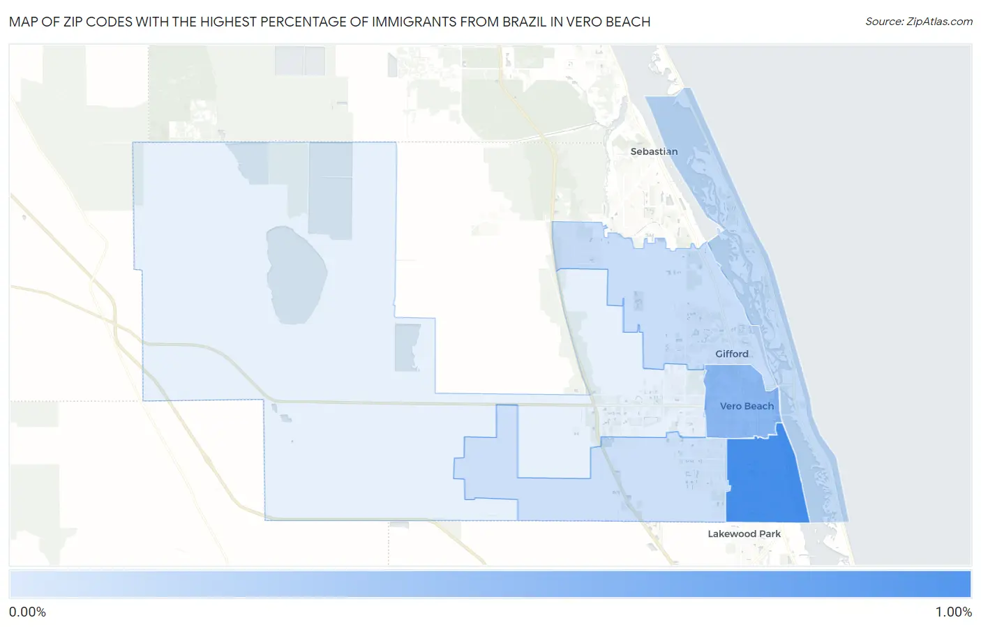 Zip Codes with the Highest Percentage of Immigrants from Brazil in Vero Beach Map
