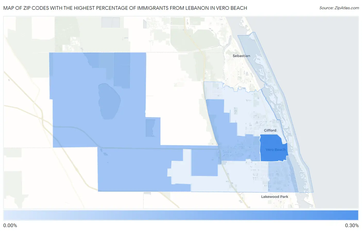 Zip Codes with the Highest Percentage of Immigrants from Lebanon in Vero Beach Map
