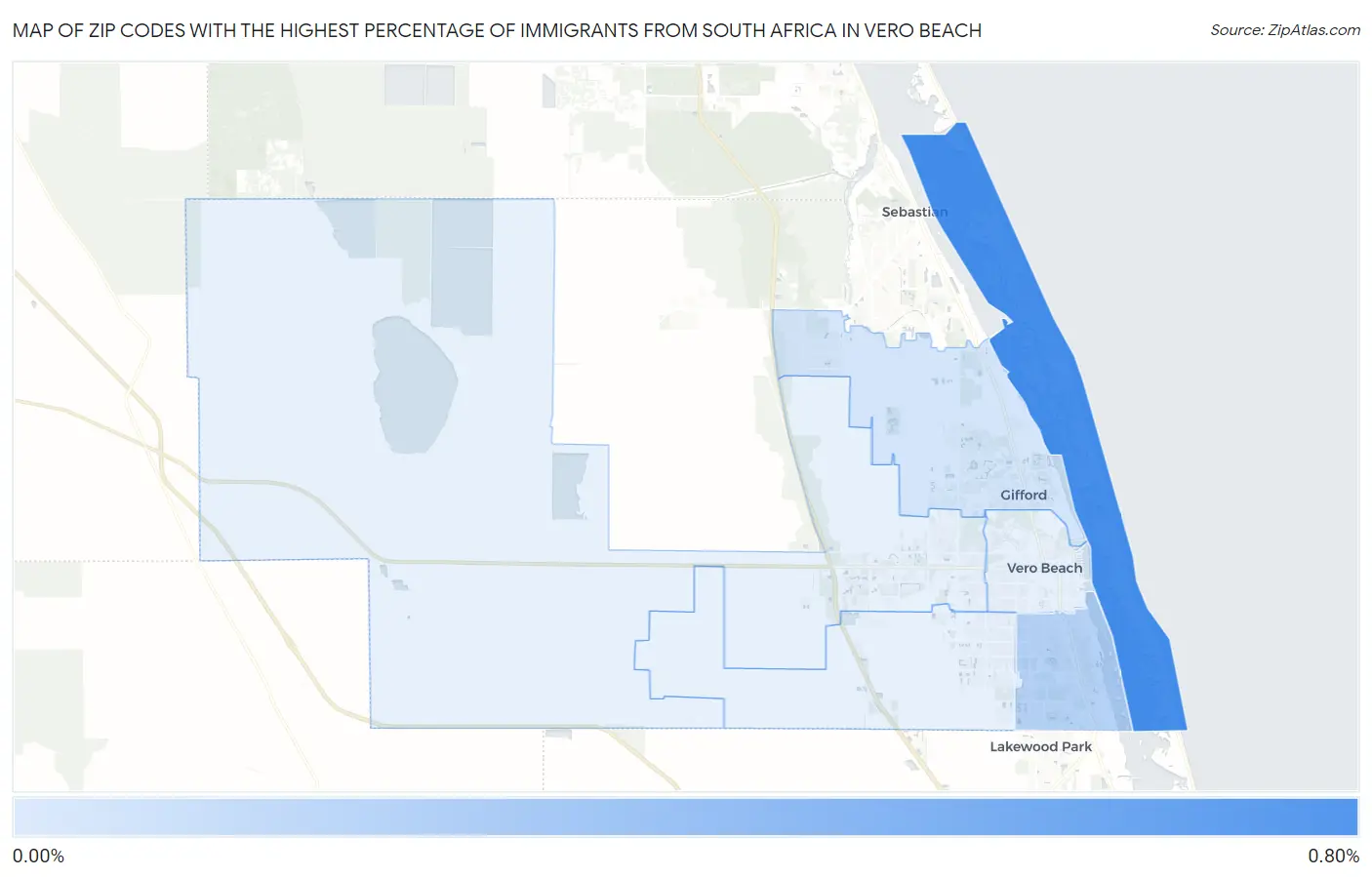 Zip Codes with the Highest Percentage of Immigrants from South Africa in Vero Beach Map