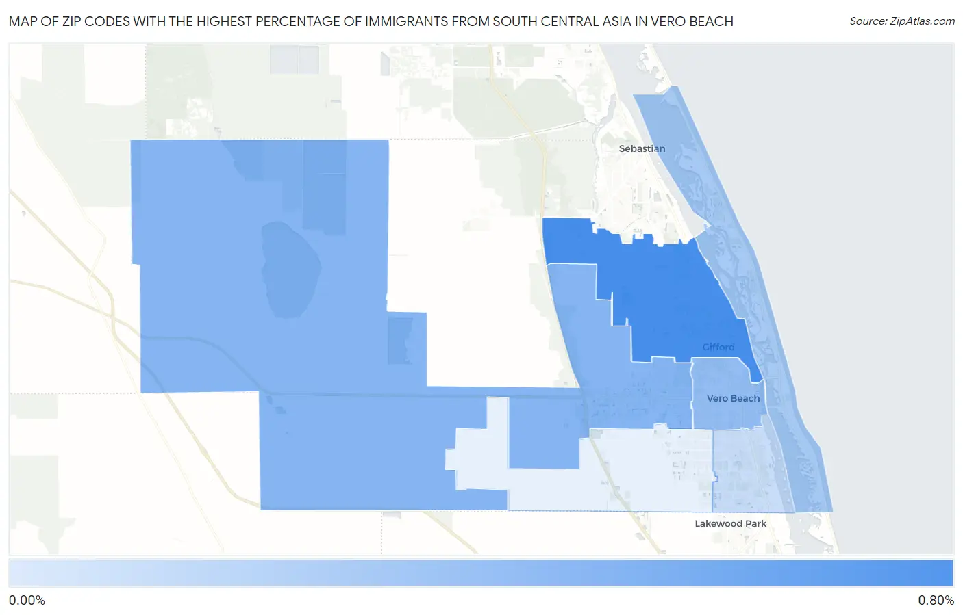Zip Codes with the Highest Percentage of Immigrants from South Central Asia in Vero Beach Map
