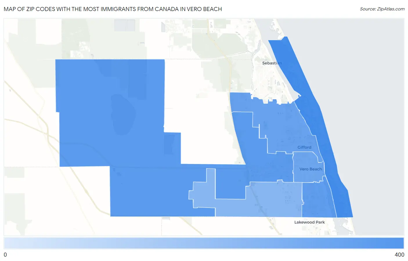 Zip Codes with the Most Immigrants from Canada in Vero Beach Map