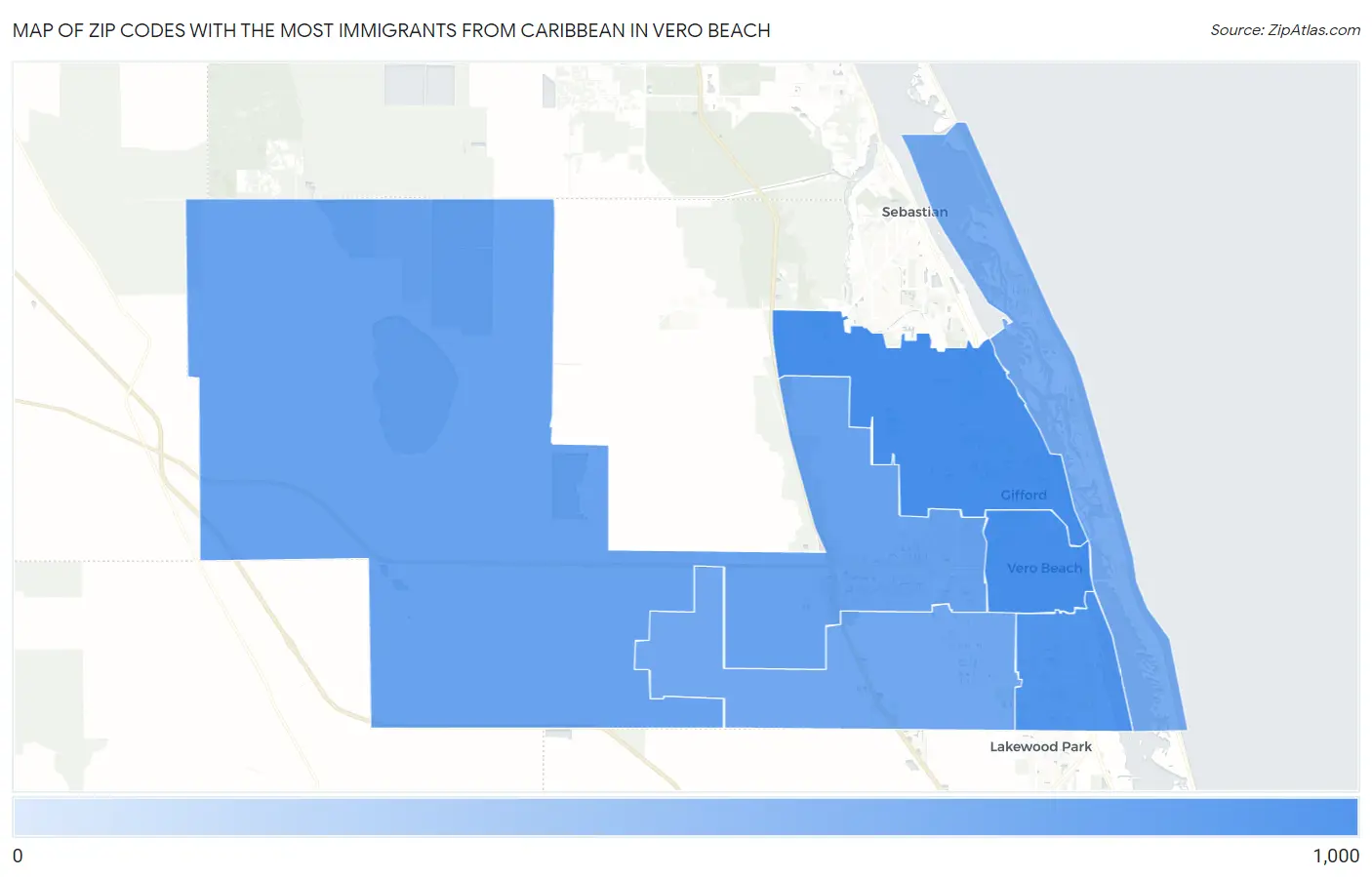 Zip Codes with the Most Immigrants from Caribbean in Vero Beach Map