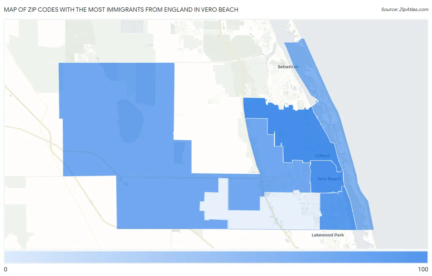 Zip Codes with the Most Immigrants from England in Vero Beach Map