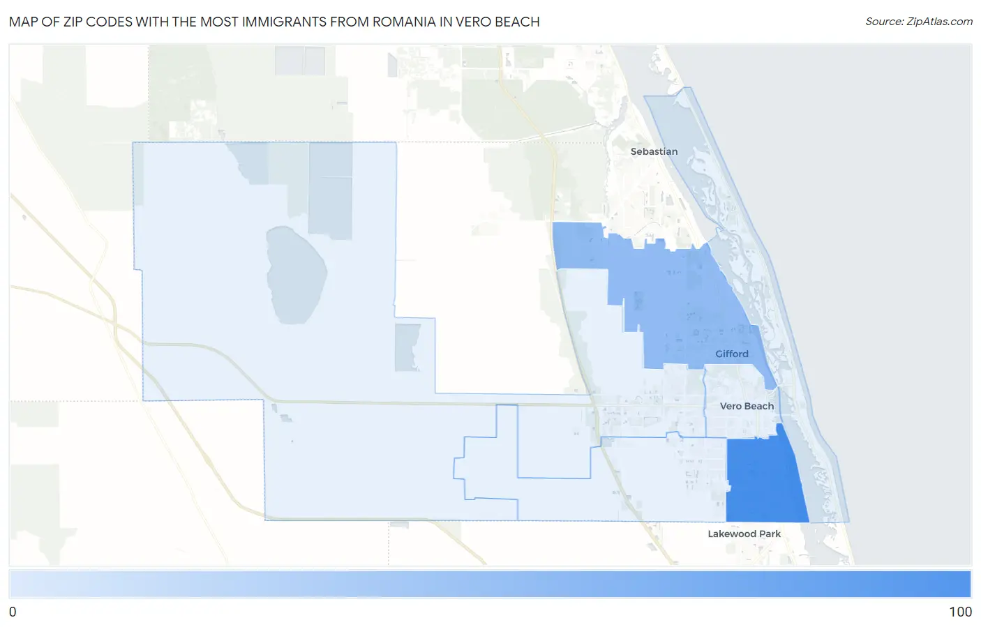Zip Codes with the Most Immigrants from Romania in Vero Beach Map