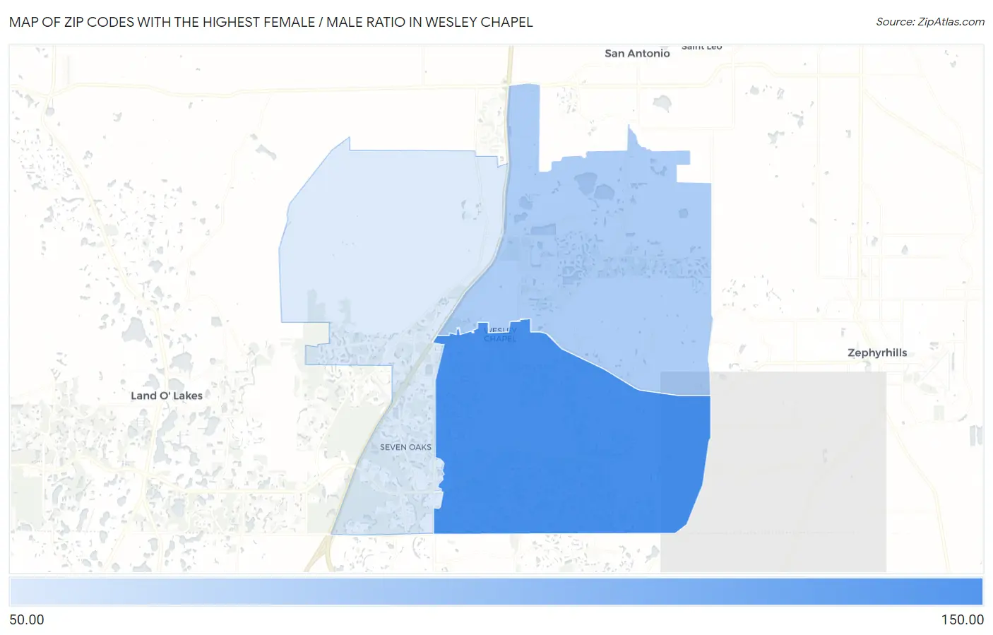 Zip Codes with the Highest Female / Male Ratio in Wesley Chapel Map