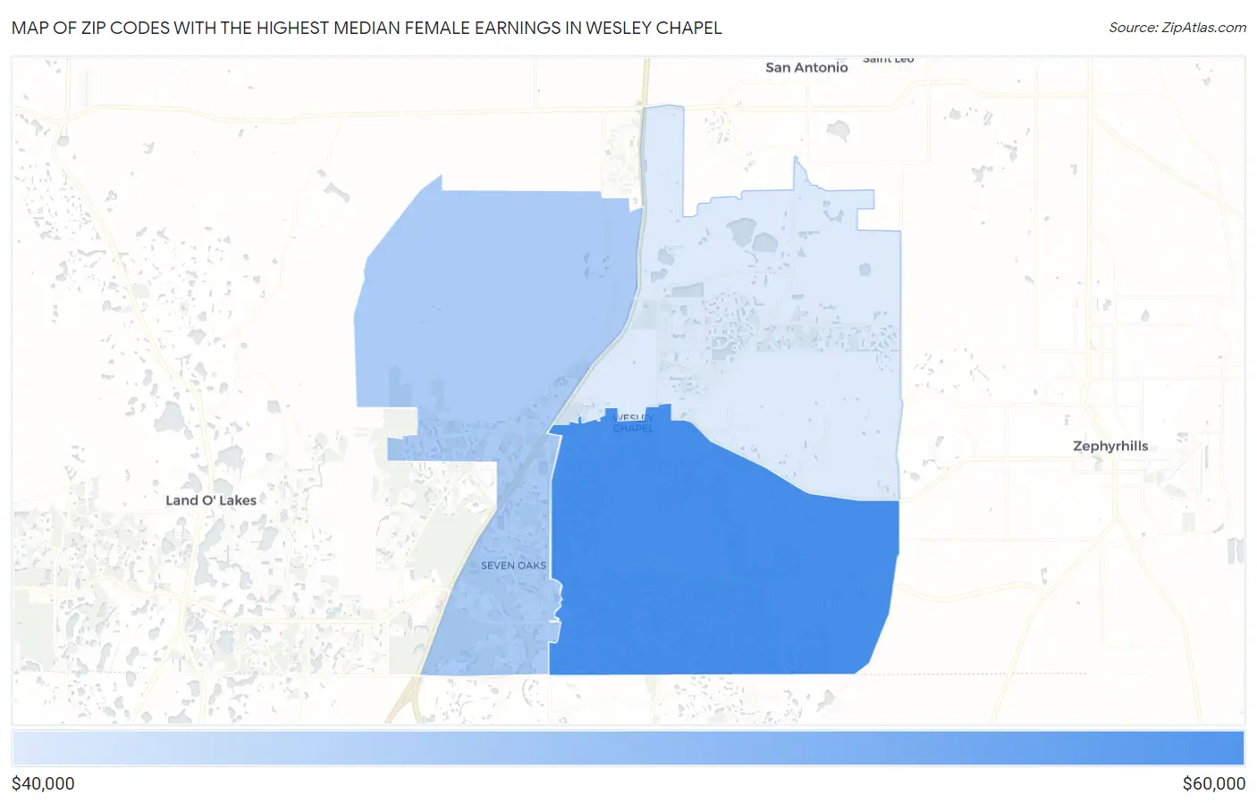 Zip Codes with the Highest Median Female Earnings in Wesley Chapel Map