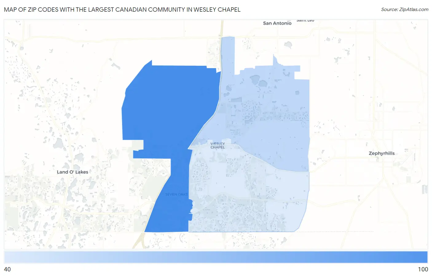 Zip Codes with the Largest Canadian Community in Wesley Chapel Map