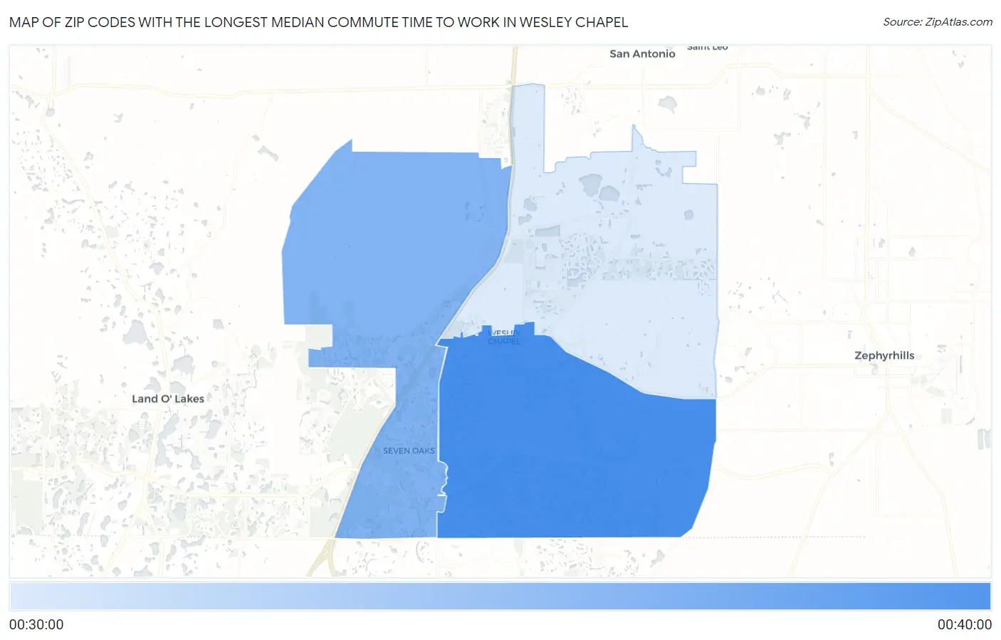 Zip Codes with the Longest Median Commute Time to Work in Wesley Chapel Map