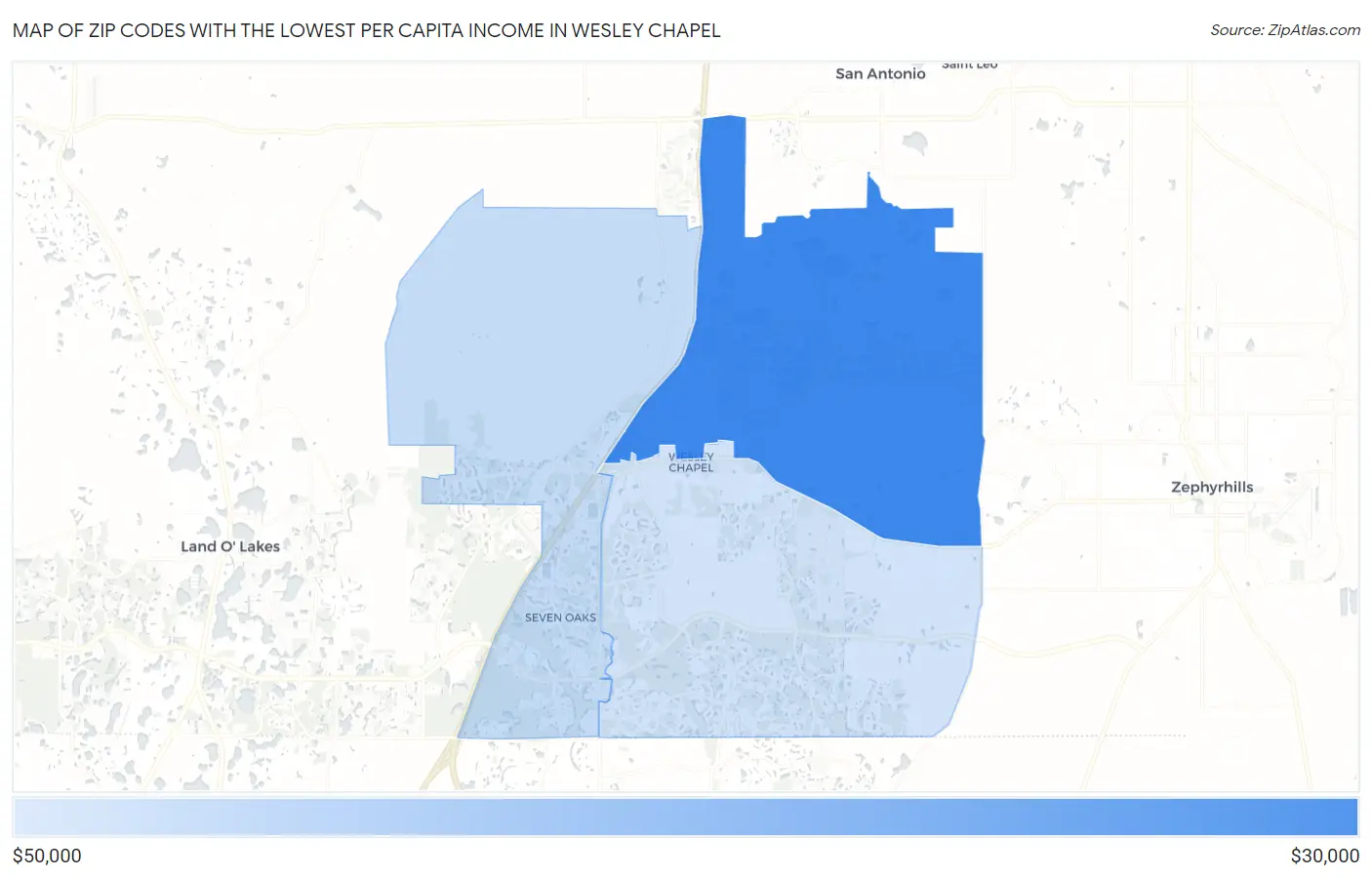Zip Codes with the Lowest Per Capita Income in Wesley Chapel Map