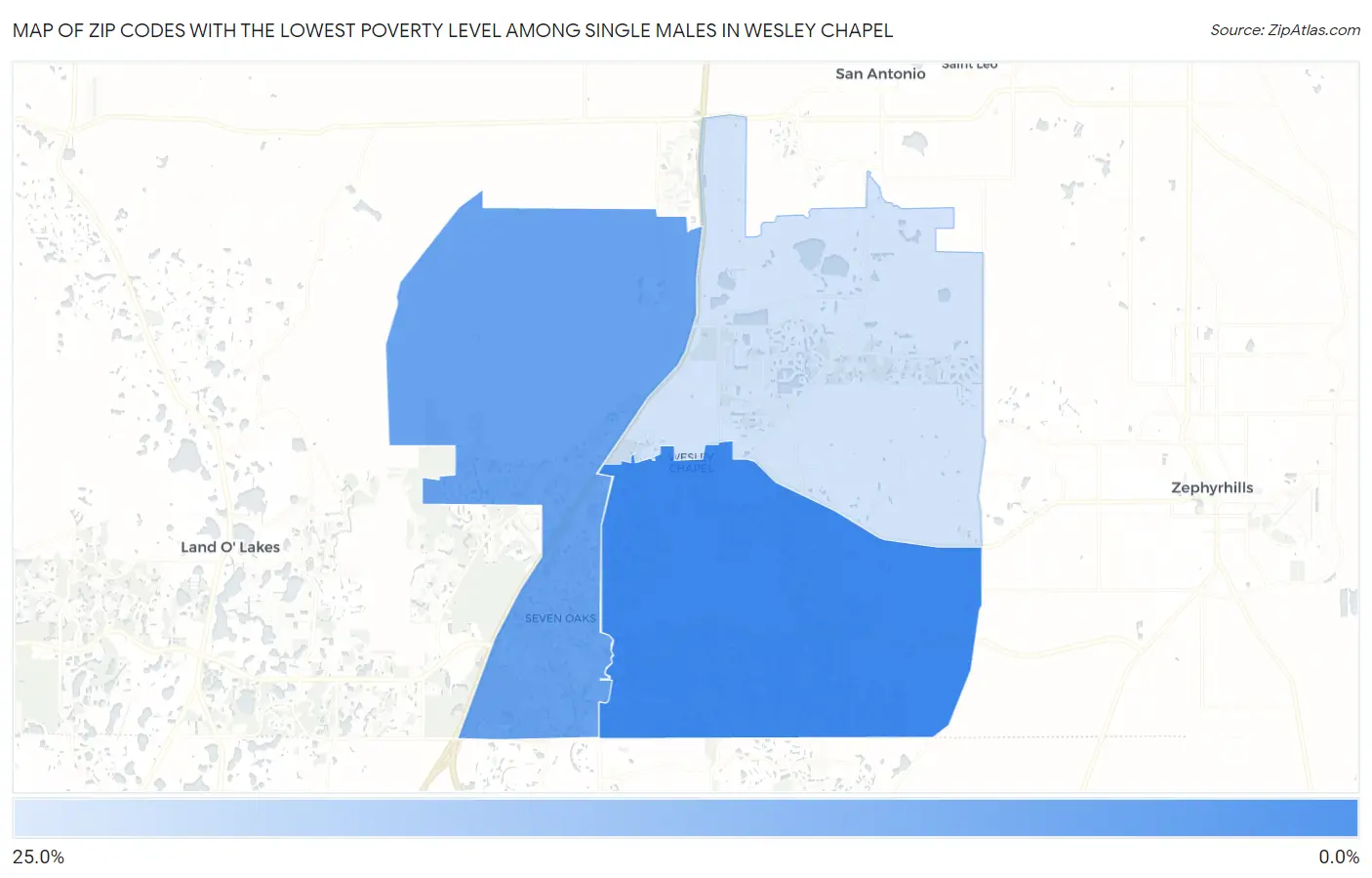 Zip Codes with the Lowest Poverty Level Among Single Males in Wesley Chapel Map