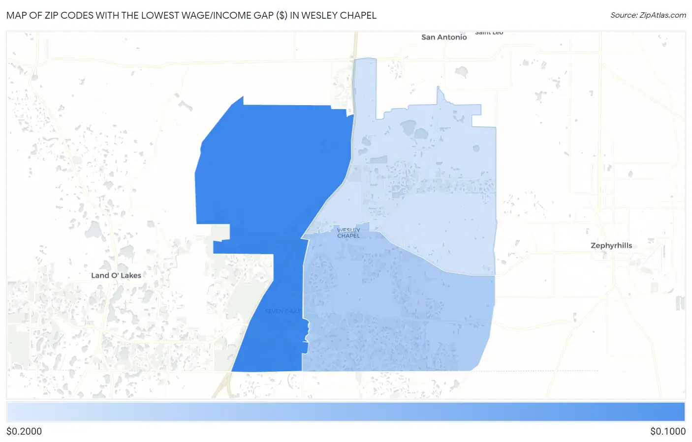 Zip Codes with the Lowest Wage/Income Gap ($) in Wesley Chapel Map