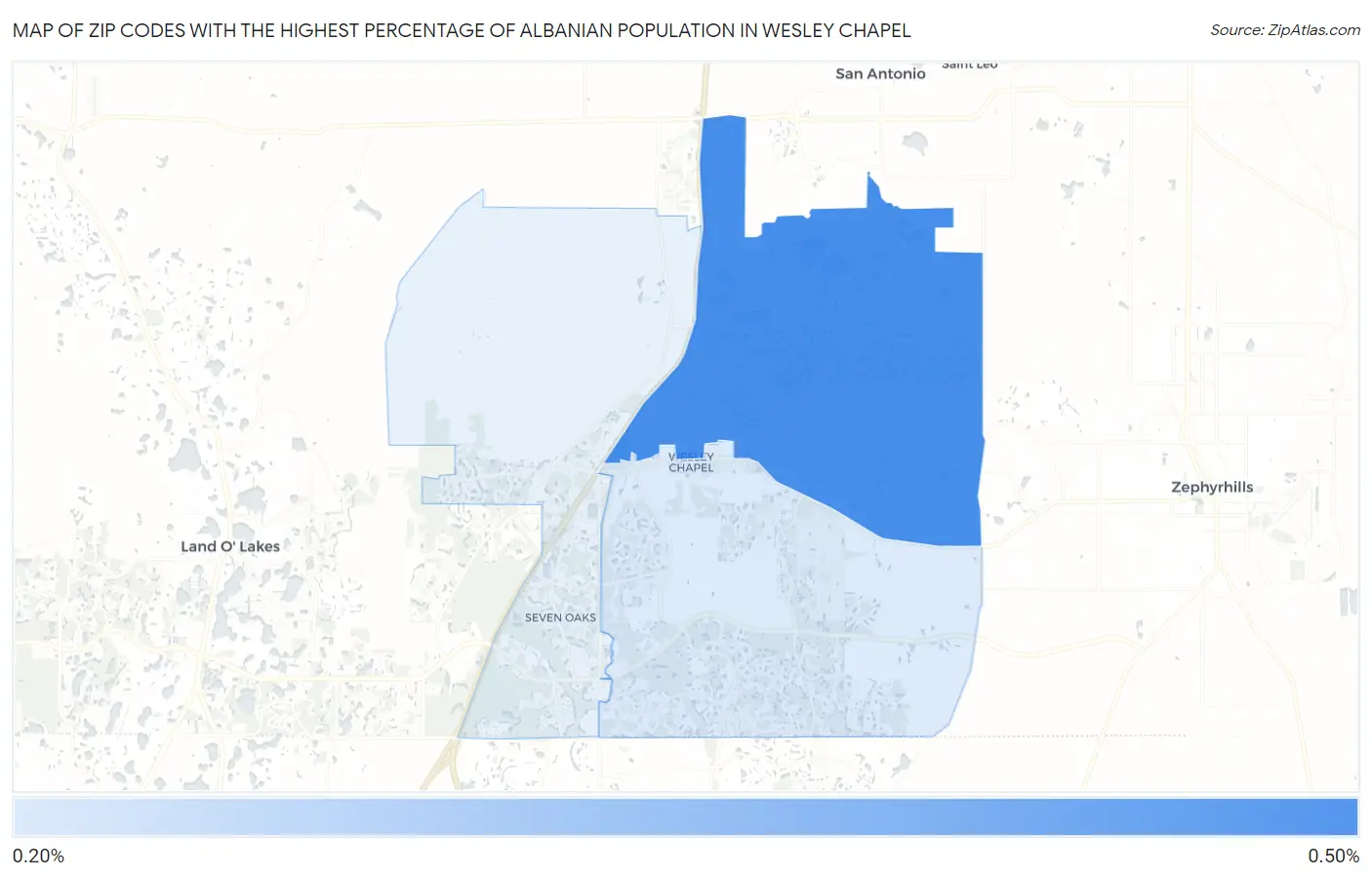Zip Codes with the Highest Percentage of Albanian Population in Wesley Chapel Map
