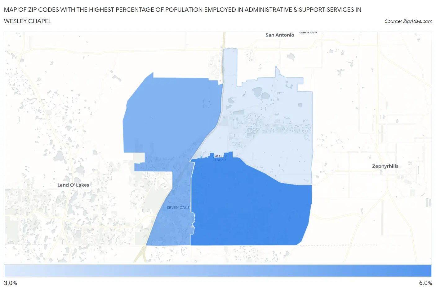 Zip Codes with the Highest Percentage of Population Employed in Administrative & Support Services in Wesley Chapel Map