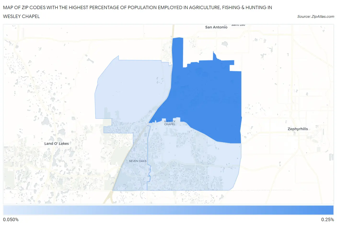 Zip Codes with the Highest Percentage of Population Employed in Agriculture, Fishing & Hunting in Wesley Chapel Map