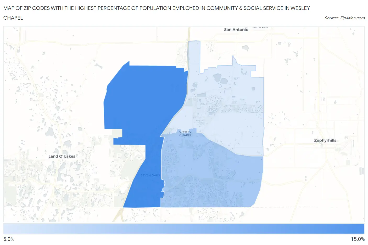 Zip Codes with the Highest Percentage of Population Employed in Community & Social Service  in Wesley Chapel Map