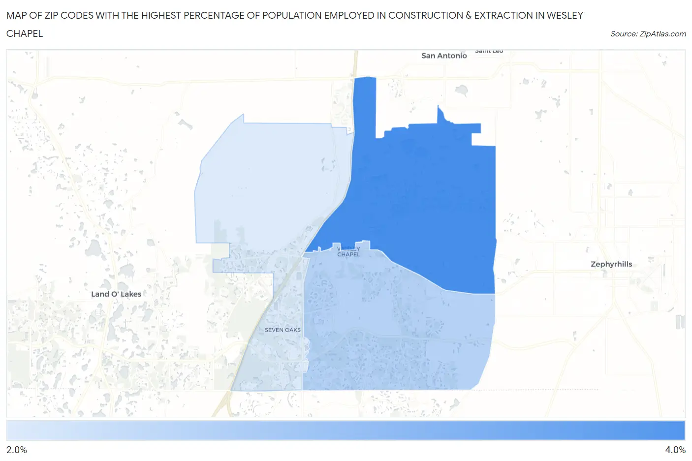 Zip Codes with the Highest Percentage of Population Employed in Construction & Extraction in Wesley Chapel Map
