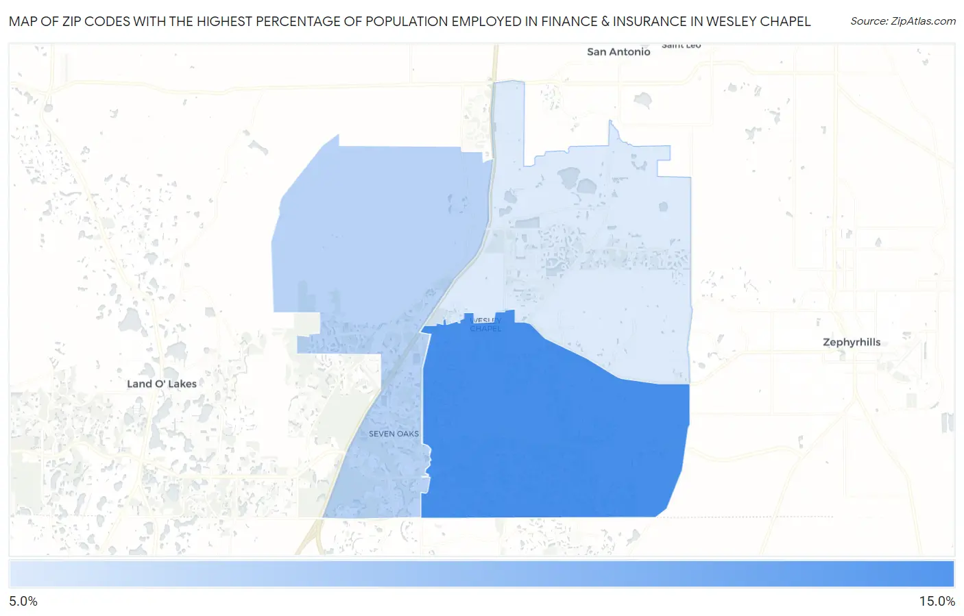 Zip Codes with the Highest Percentage of Population Employed in Finance & Insurance in Wesley Chapel Map