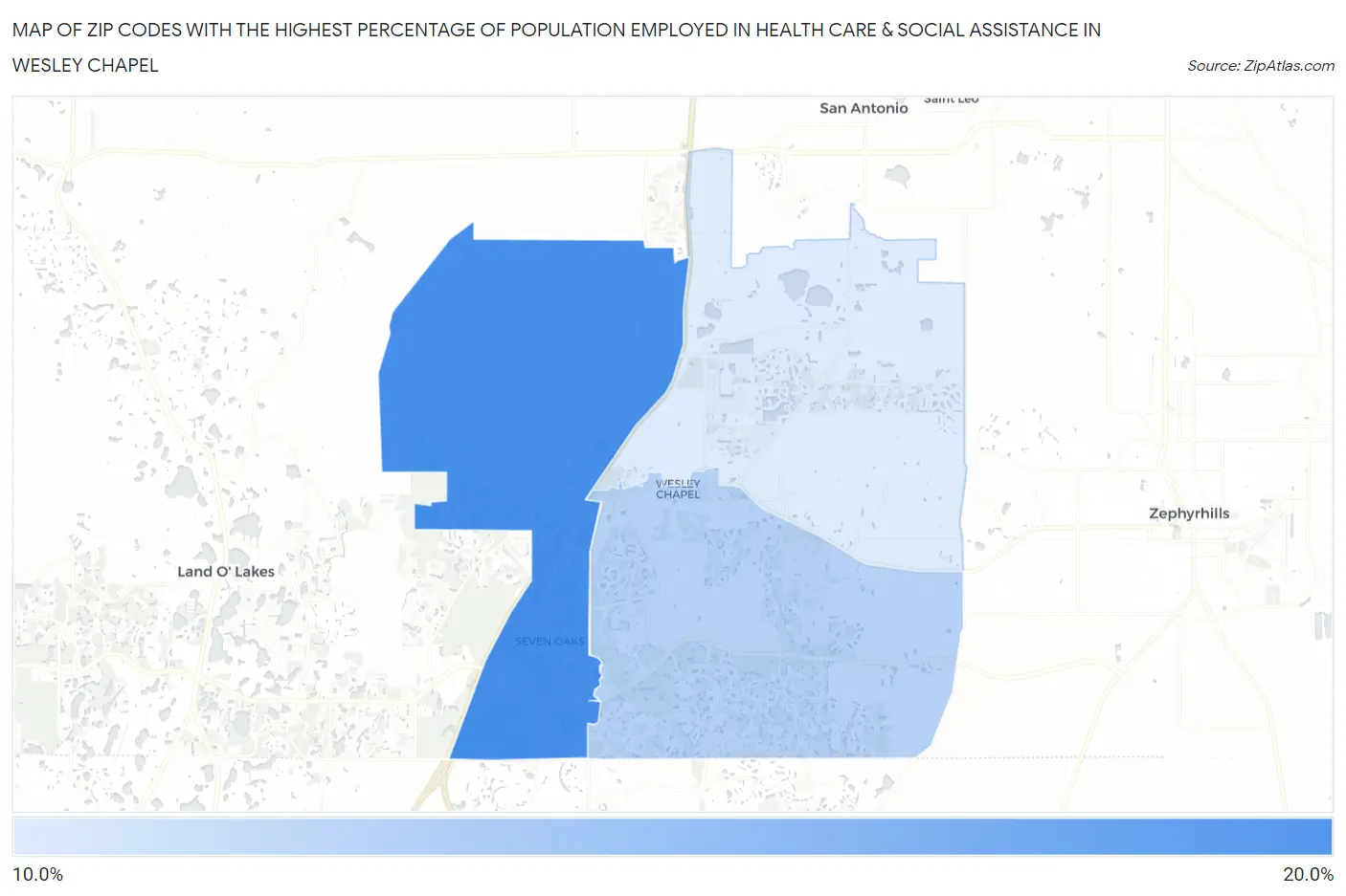 Zip Codes with the Highest Percentage of Population Employed in Health Care & Social Assistance in Wesley Chapel Map