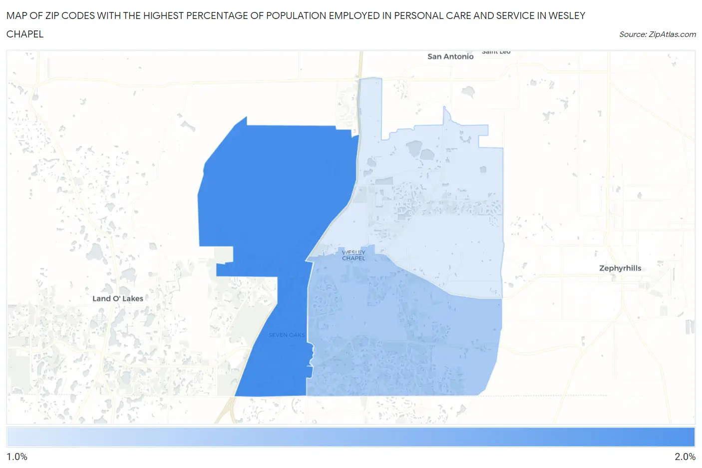 Zip Codes with the Highest Percentage of Population Employed in Personal Care and Service in Wesley Chapel Map