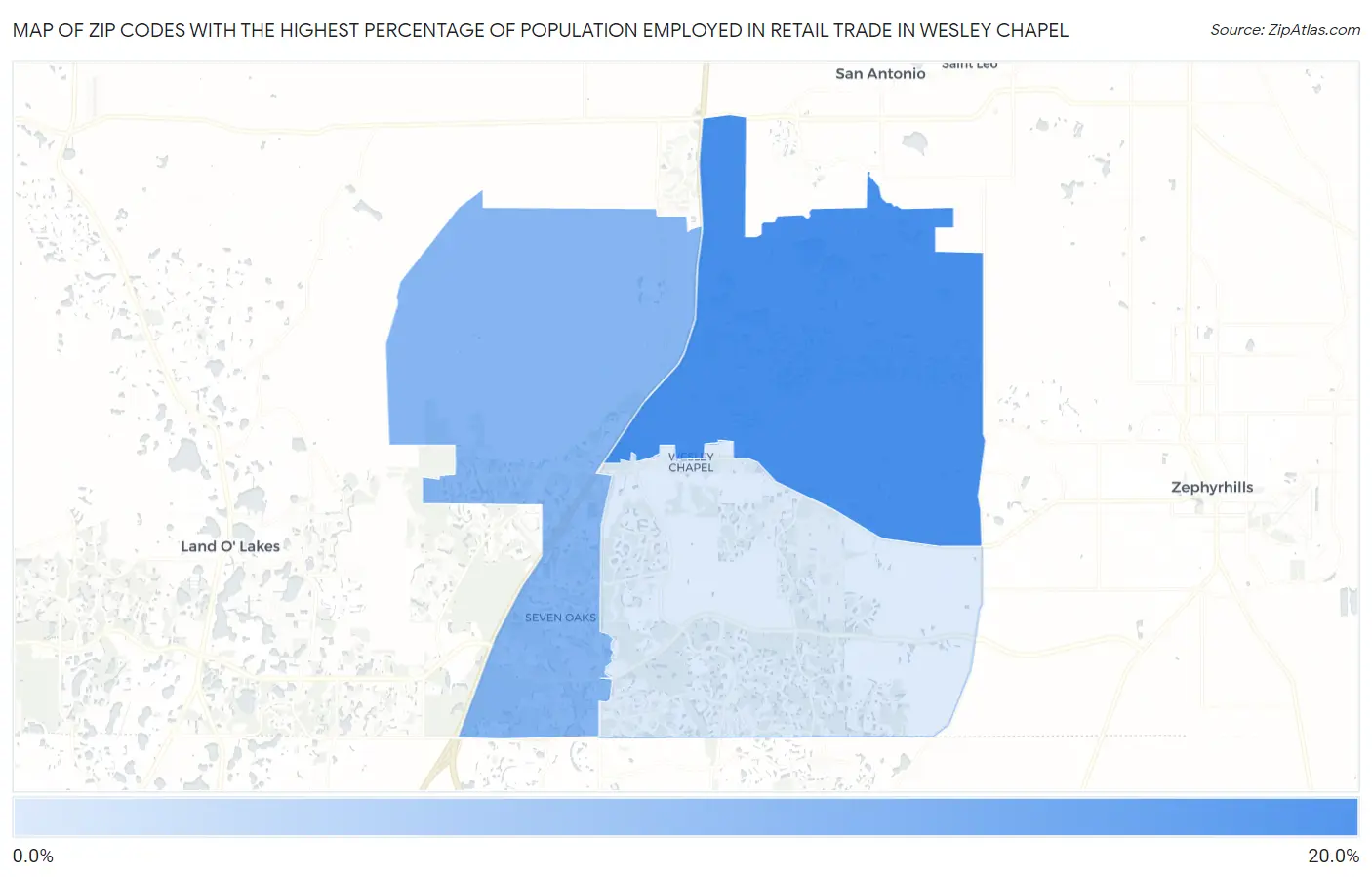 Zip Codes with the Highest Percentage of Population Employed in Retail Trade in Wesley Chapel Map