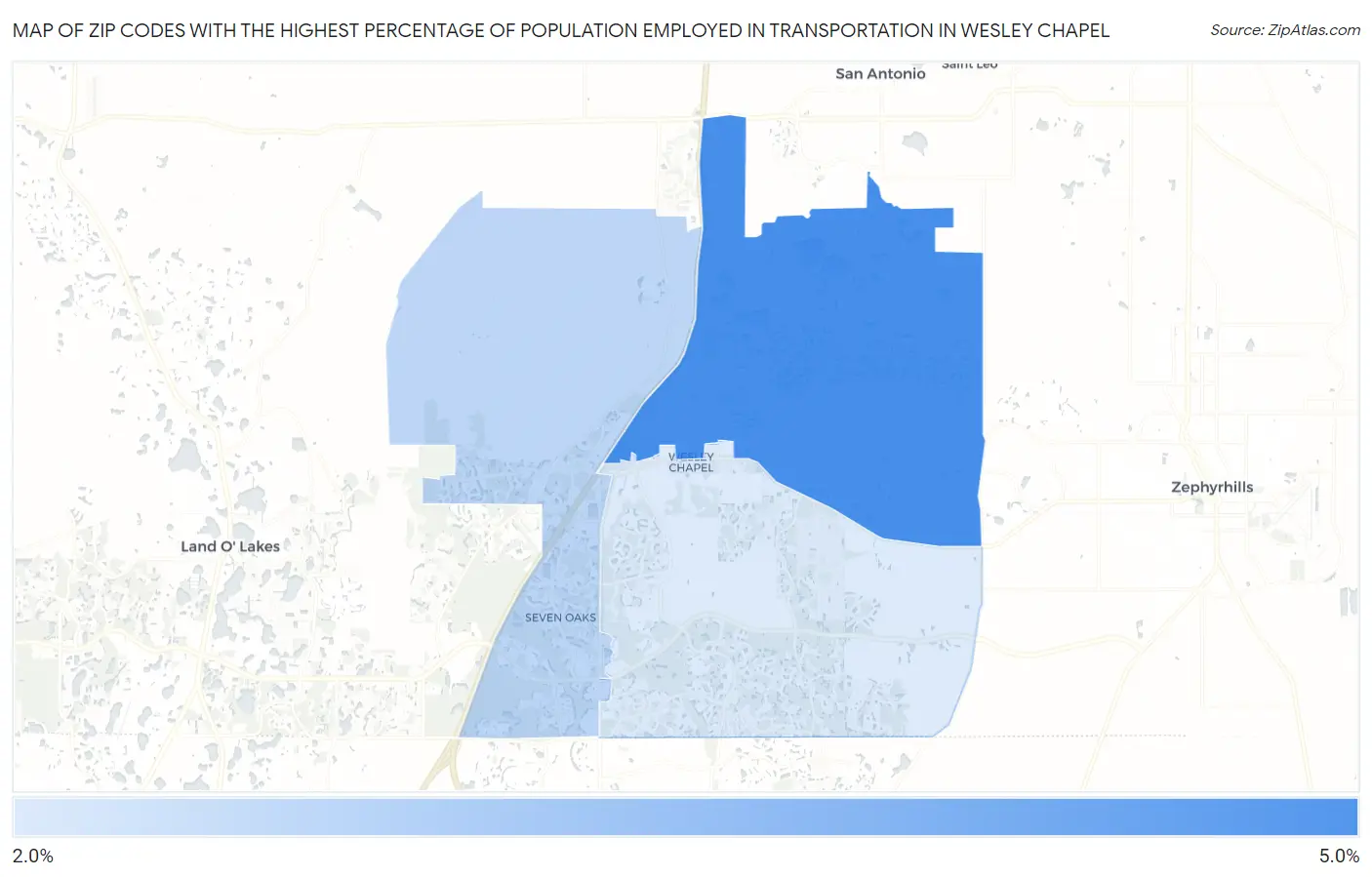 Zip Codes with the Highest Percentage of Population Employed in Transportation in Wesley Chapel Map