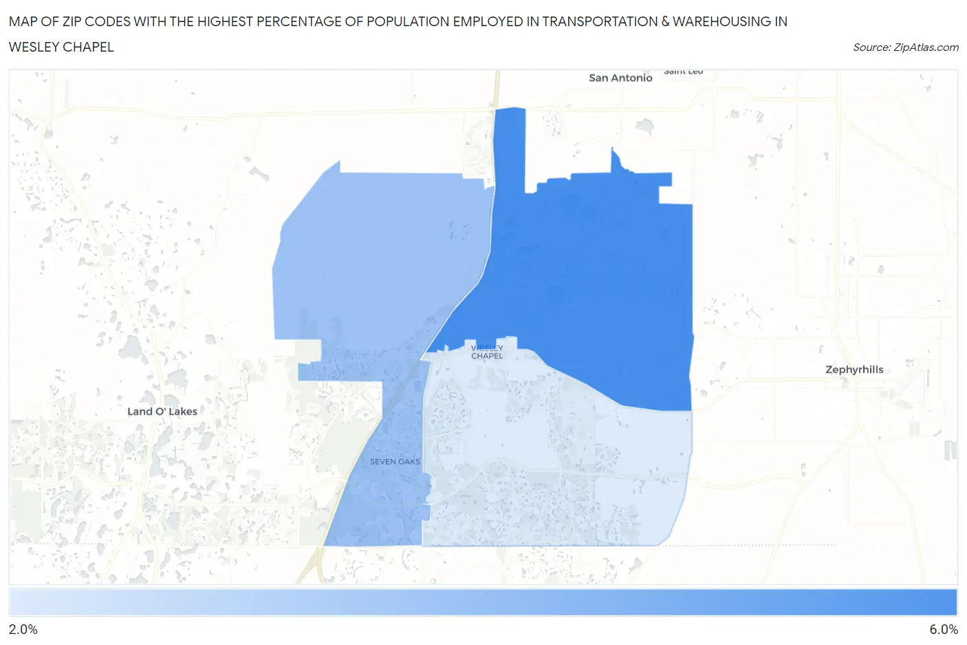Zip Codes with the Highest Percentage of Population Employed in Transportation & Warehousing in Wesley Chapel Map