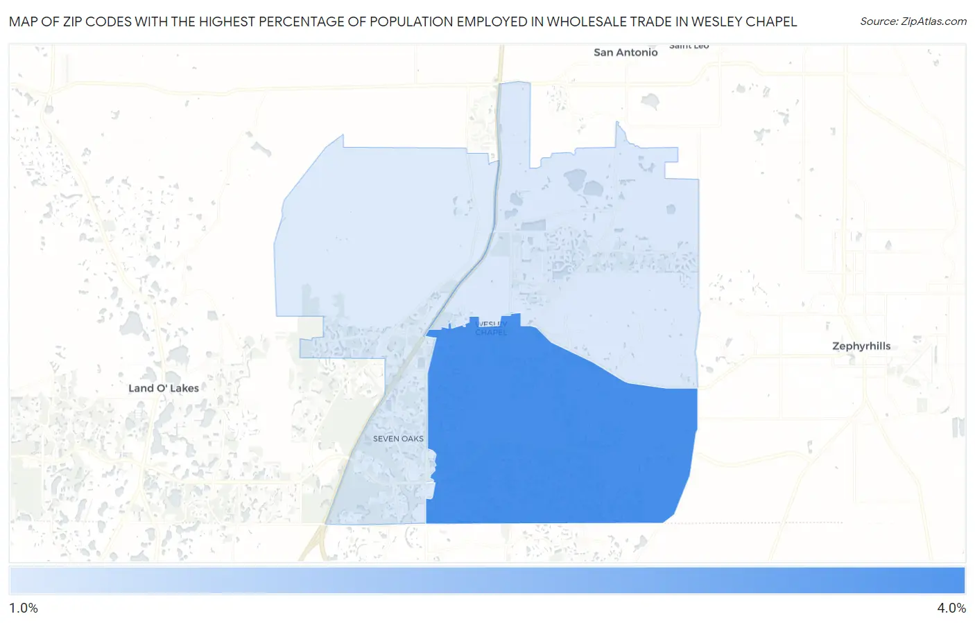 Zip Codes with the Highest Percentage of Population Employed in Wholesale Trade in Wesley Chapel Map