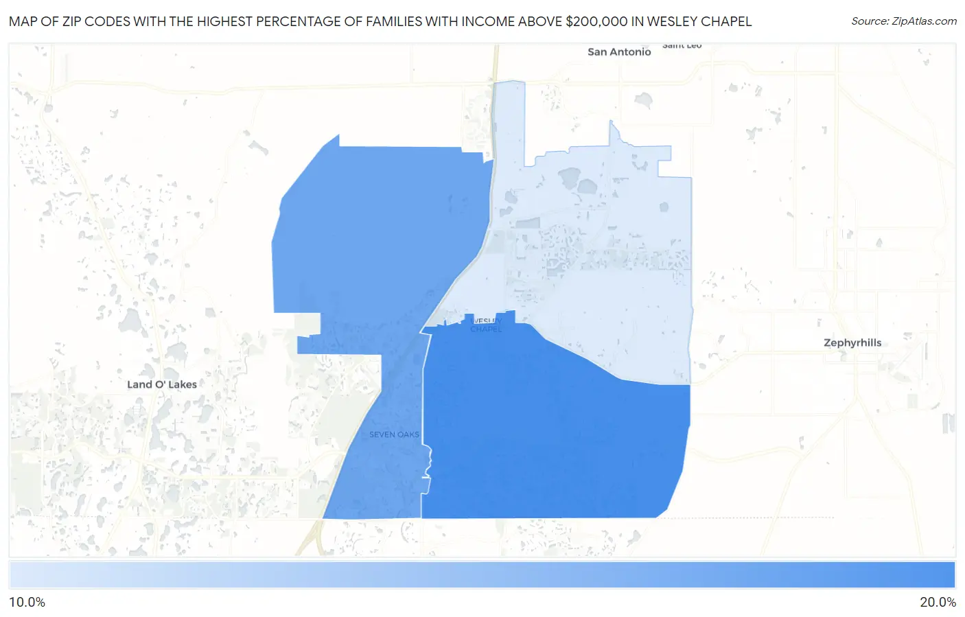 Zip Codes with the Highest Percentage of Families with Income Above $200,000 in Wesley Chapel Map