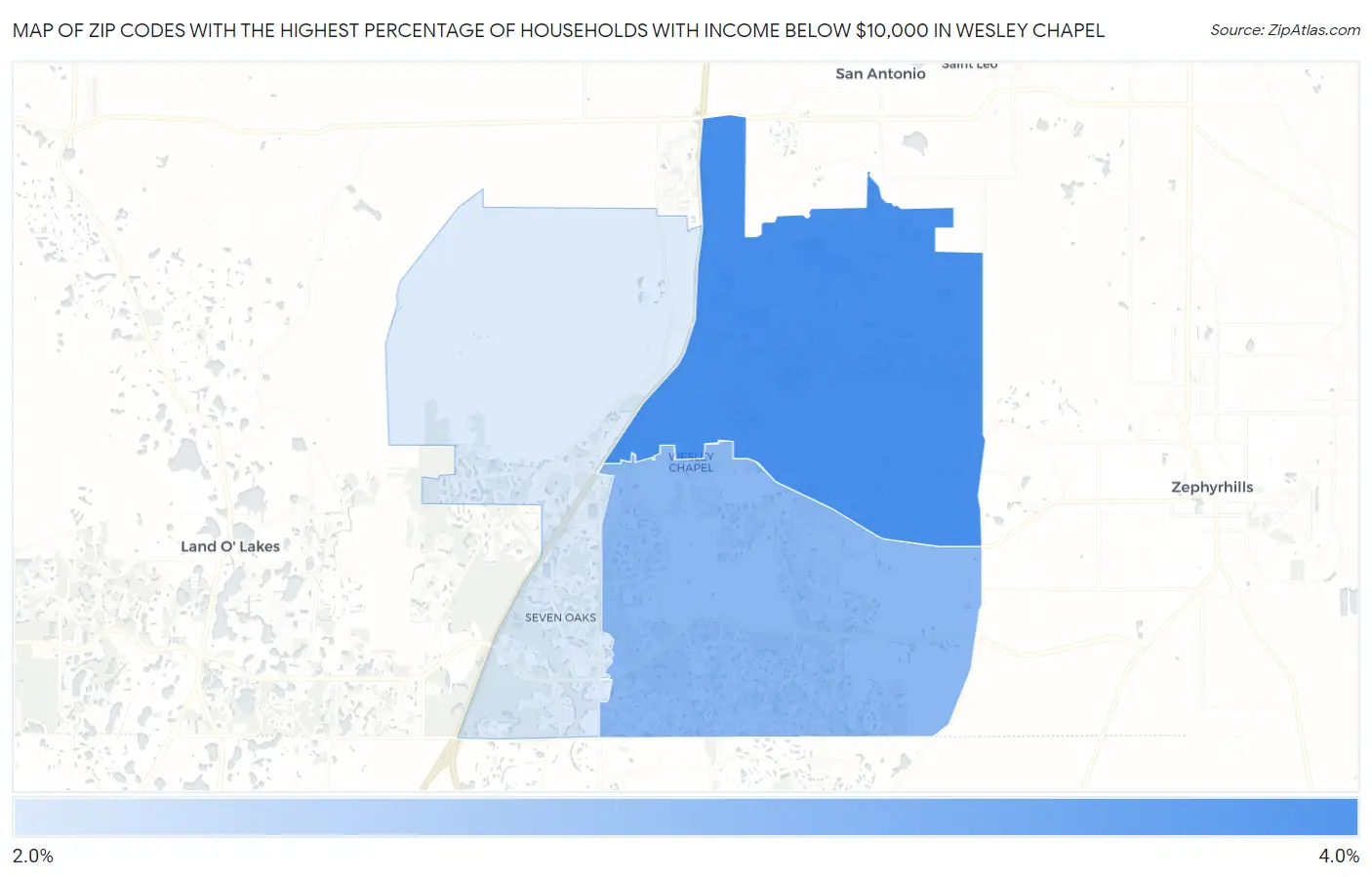 Zip Codes with the Highest Percentage of Households with Income Below $10,000 in Wesley Chapel Map