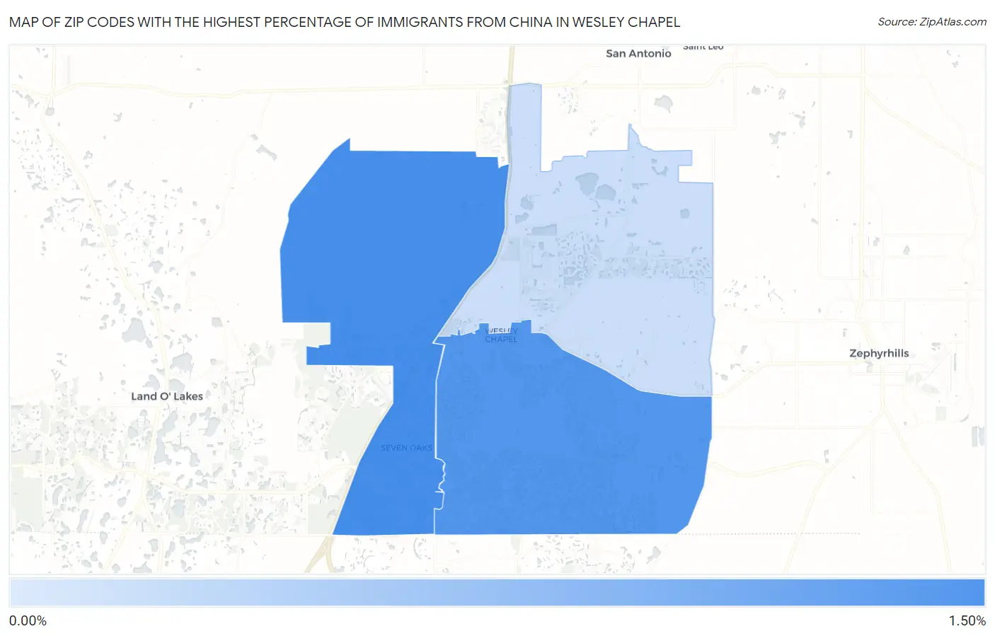 Zip Codes with the Highest Percentage of Immigrants from China in Wesley Chapel Map