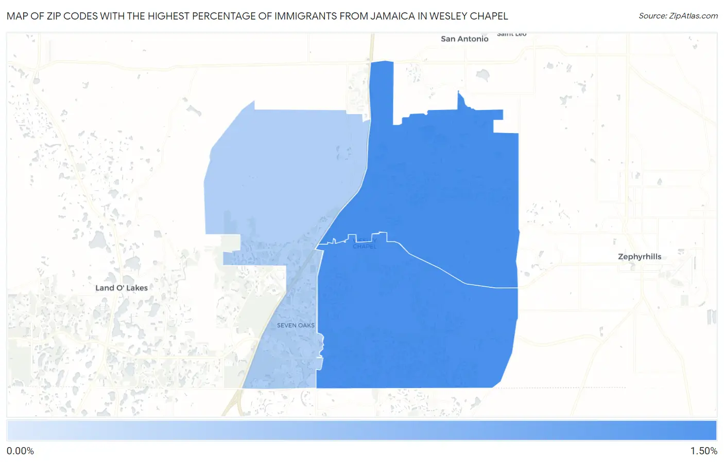 Zip Codes with the Highest Percentage of Immigrants from Jamaica in Wesley Chapel Map