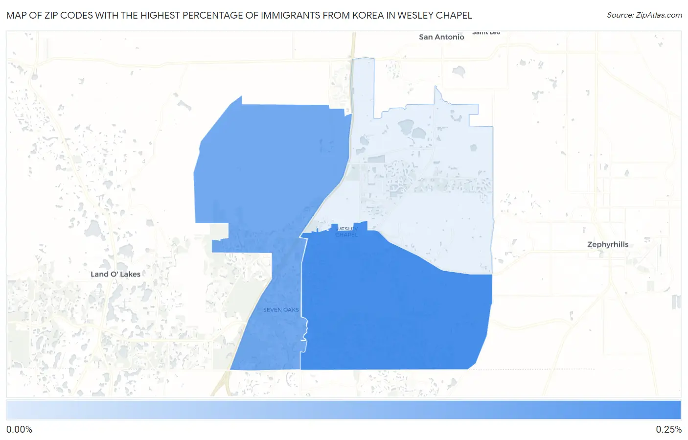 Zip Codes with the Highest Percentage of Immigrants from Korea in Wesley Chapel Map
