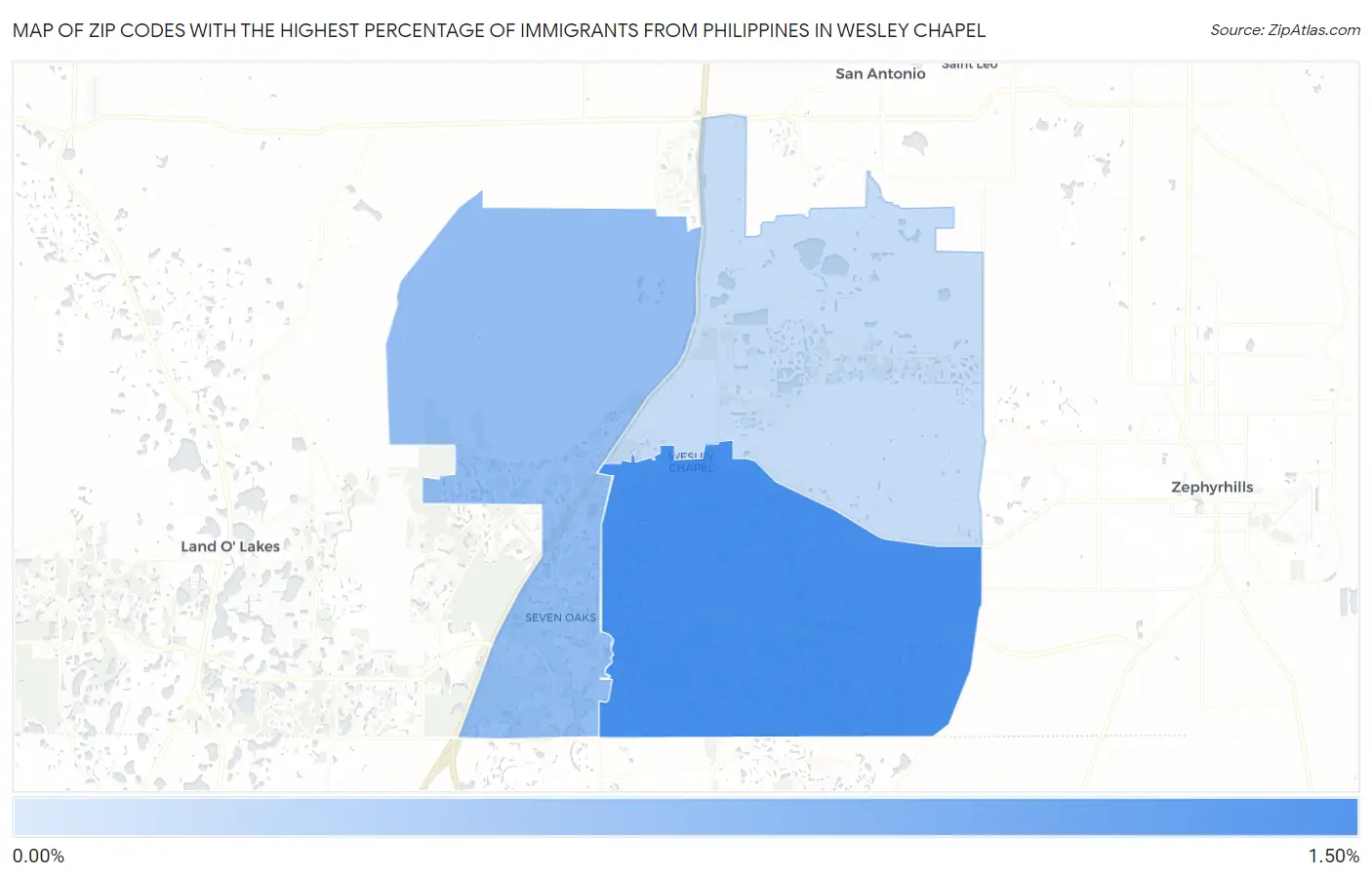 Zip Codes with the Highest Percentage of Immigrants from Philippines in Wesley Chapel Map