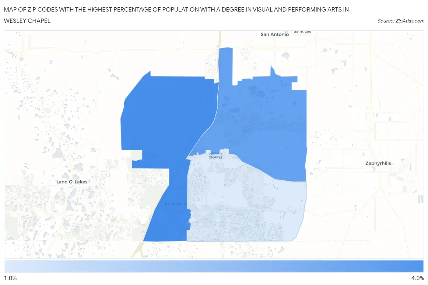 Zip Codes with the Highest Percentage of Population with a Degree in Visual and Performing Arts in Wesley Chapel Map