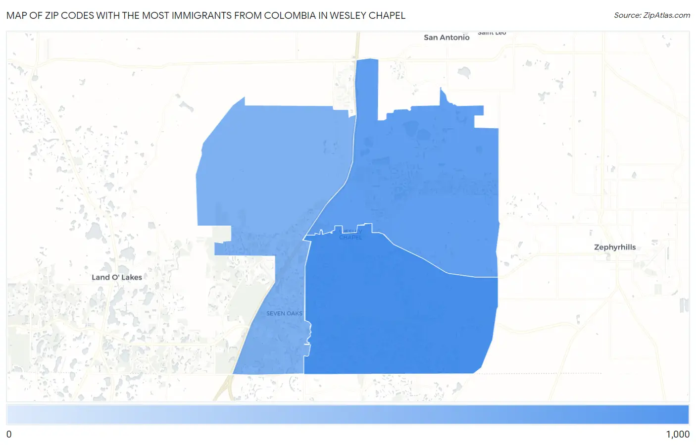 Zip Codes with the Most Immigrants from Colombia in Wesley Chapel Map