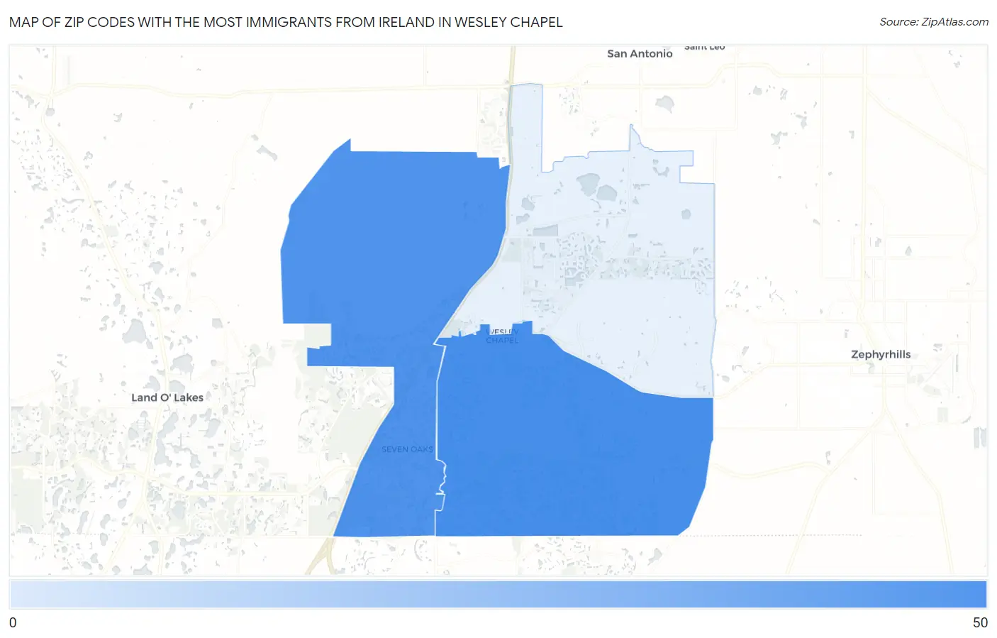 Zip Codes with the Most Immigrants from Ireland in Wesley Chapel Map
