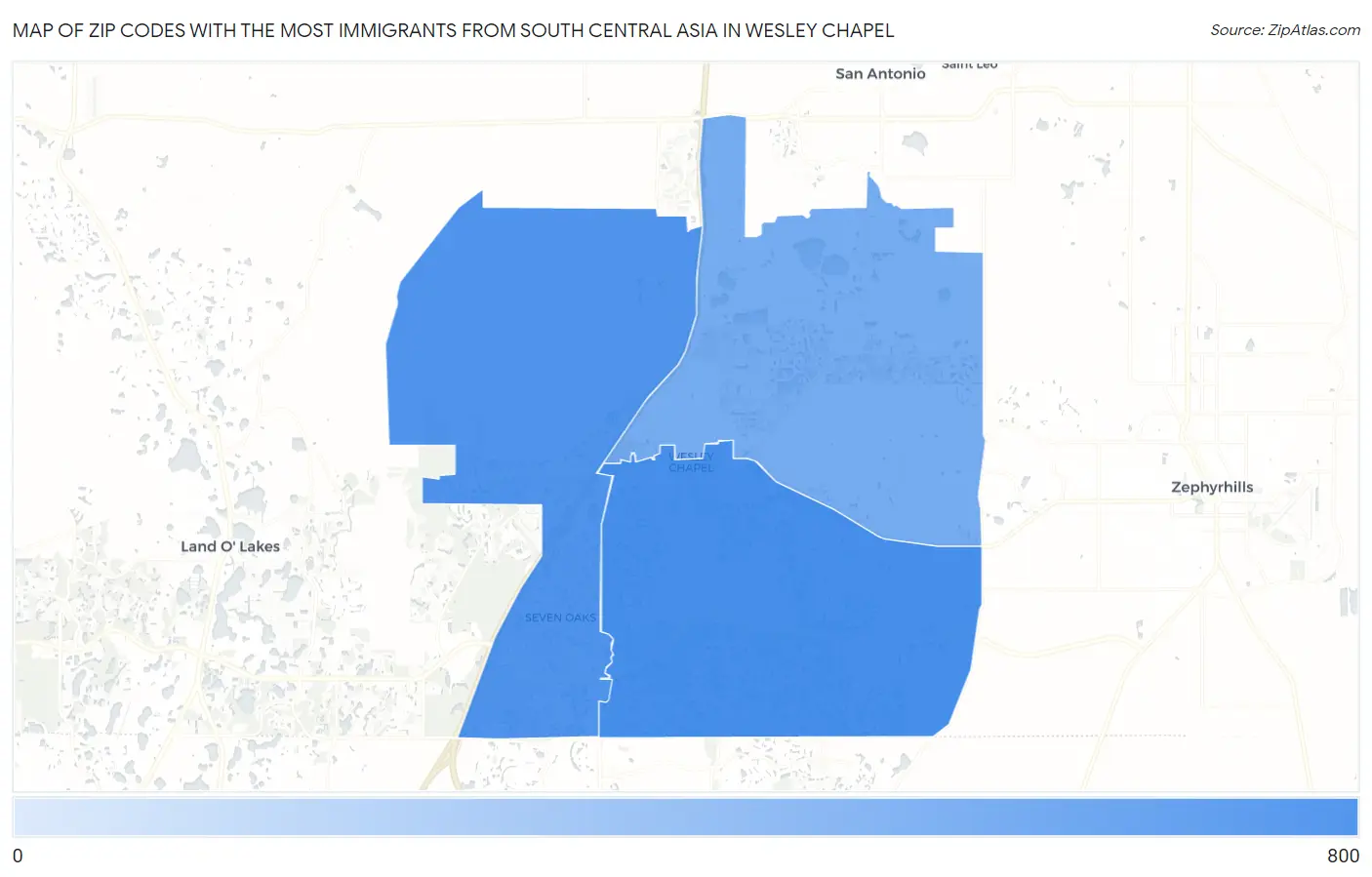 Zip Codes with the Most Immigrants from South Central Asia in Wesley Chapel Map