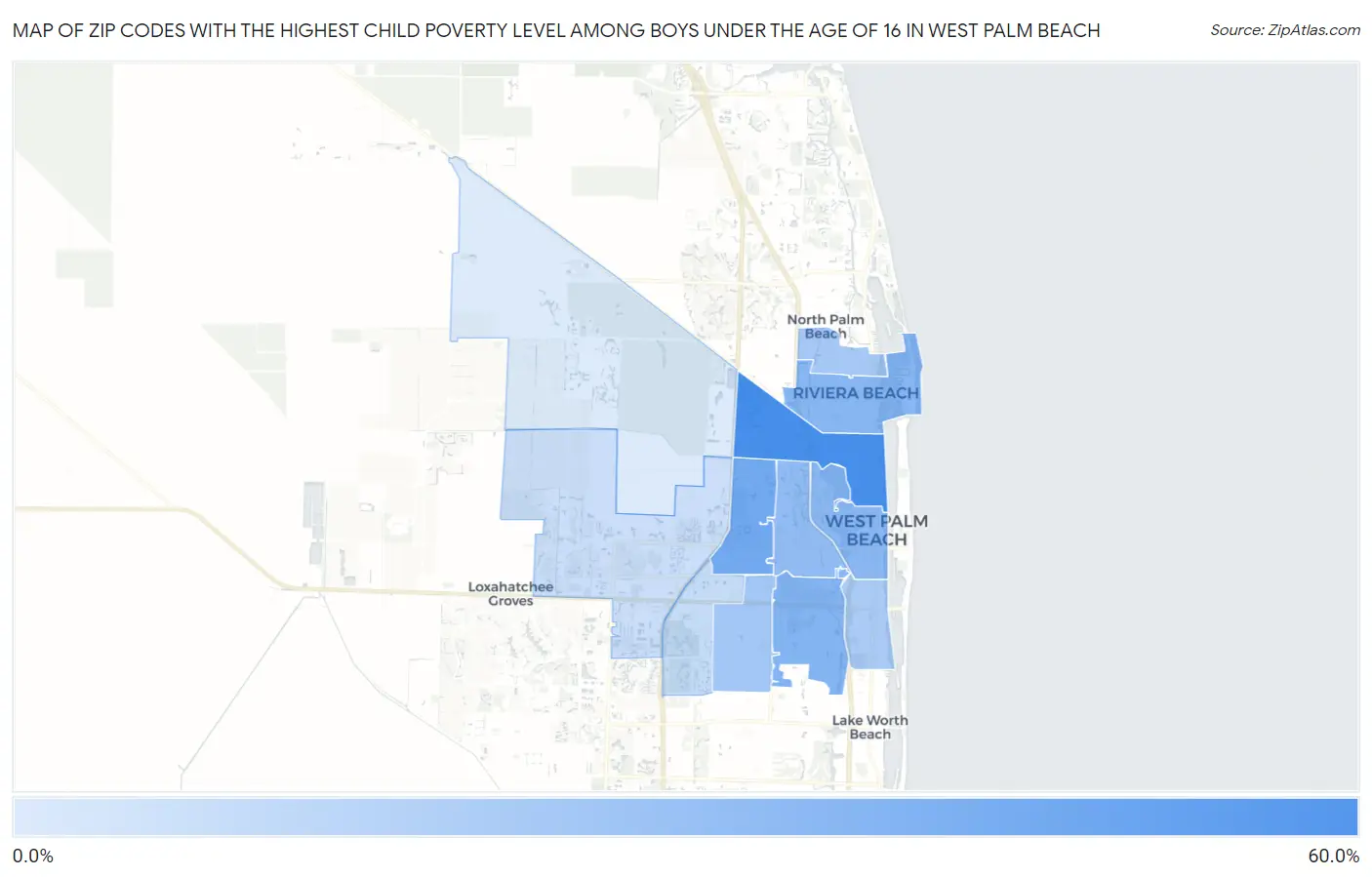 Zip Codes with the Highest Child Poverty Level Among Boys Under the Age of 16 in West Palm Beach Map