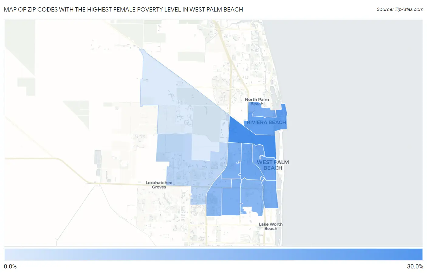Zip Codes with the Highest Female Poverty Level in West Palm Beach Map