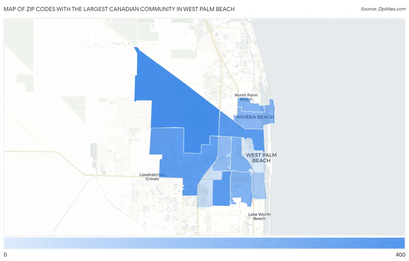Zip Codes with the Largest Canadian Community in West Palm Beach Map