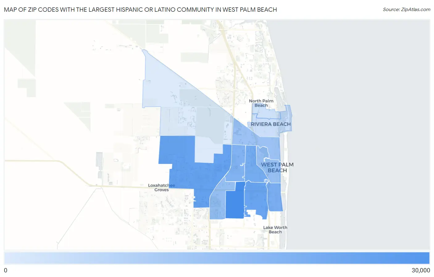 Zip Codes with the Largest Hispanic or Latino Community in West Palm Beach Map