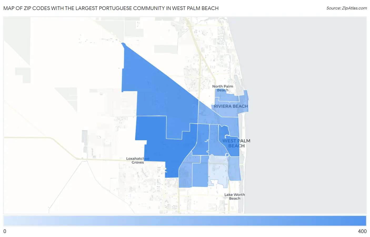 Zip Codes with the Largest Portuguese Community in West Palm Beach Map