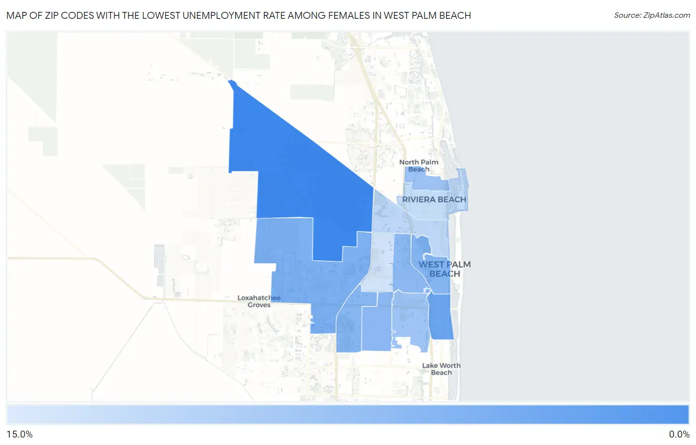 Zip Codes with the Lowest Unemployment Rate Among Females in West Palm Beach Map