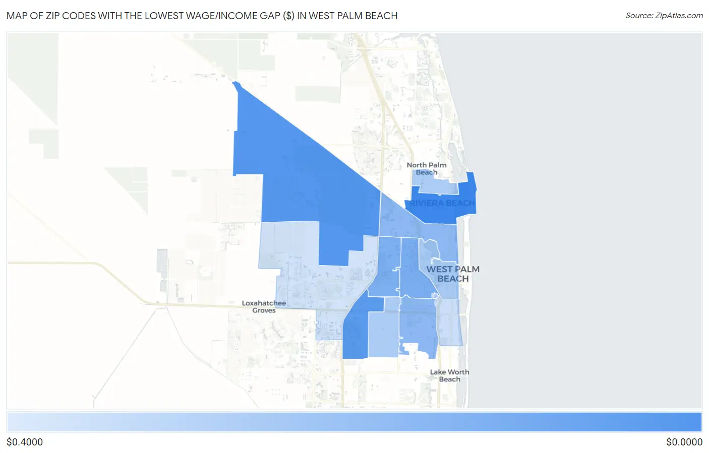 Zip Codes with the Lowest Wage/Income Gap ($) in West Palm Beach Map