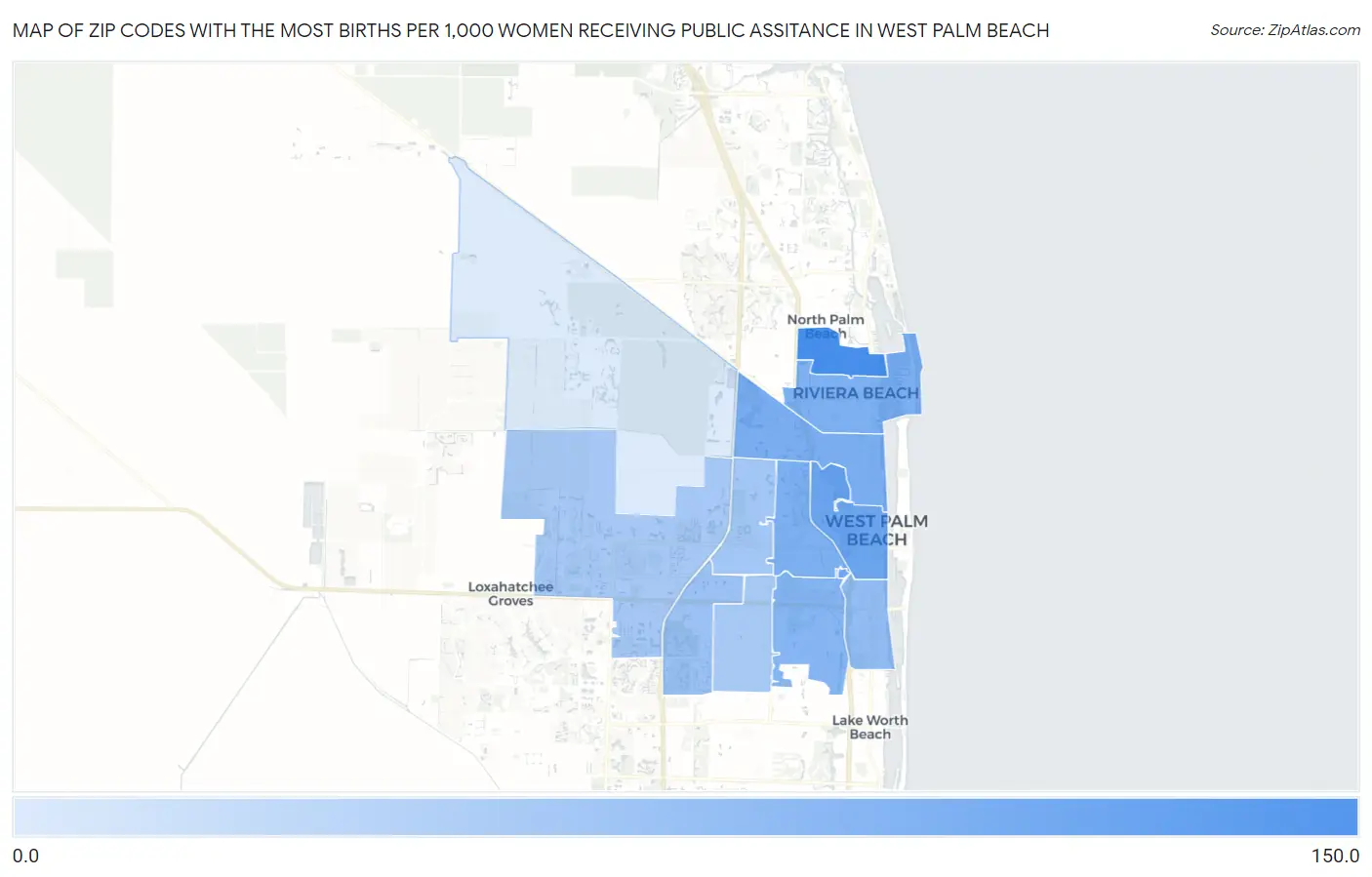 Zip Codes with the Most Births per 1,000 Women Receiving Public Assitance in West Palm Beach Map