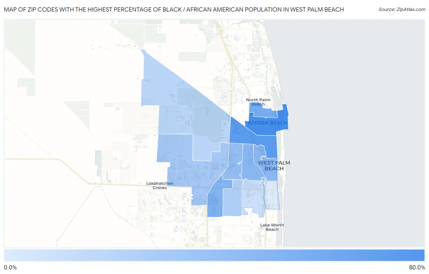 Zip Codes with the Highest Percentage of Black / African American Population in West Palm Beach Map