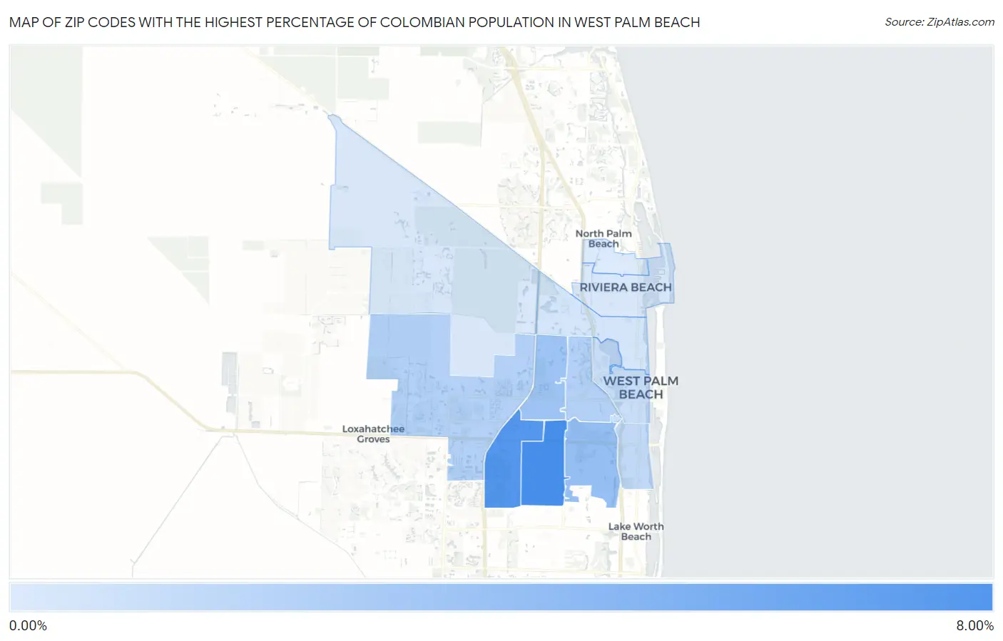 Zip Codes with the Highest Percentage of Colombian Population in West Palm Beach Map
