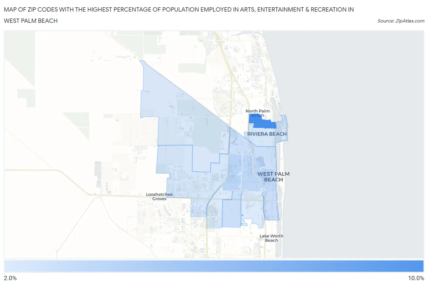 Zip Codes with the Highest Percentage of Population Employed in Arts, Entertainment & Recreation in West Palm Beach Map