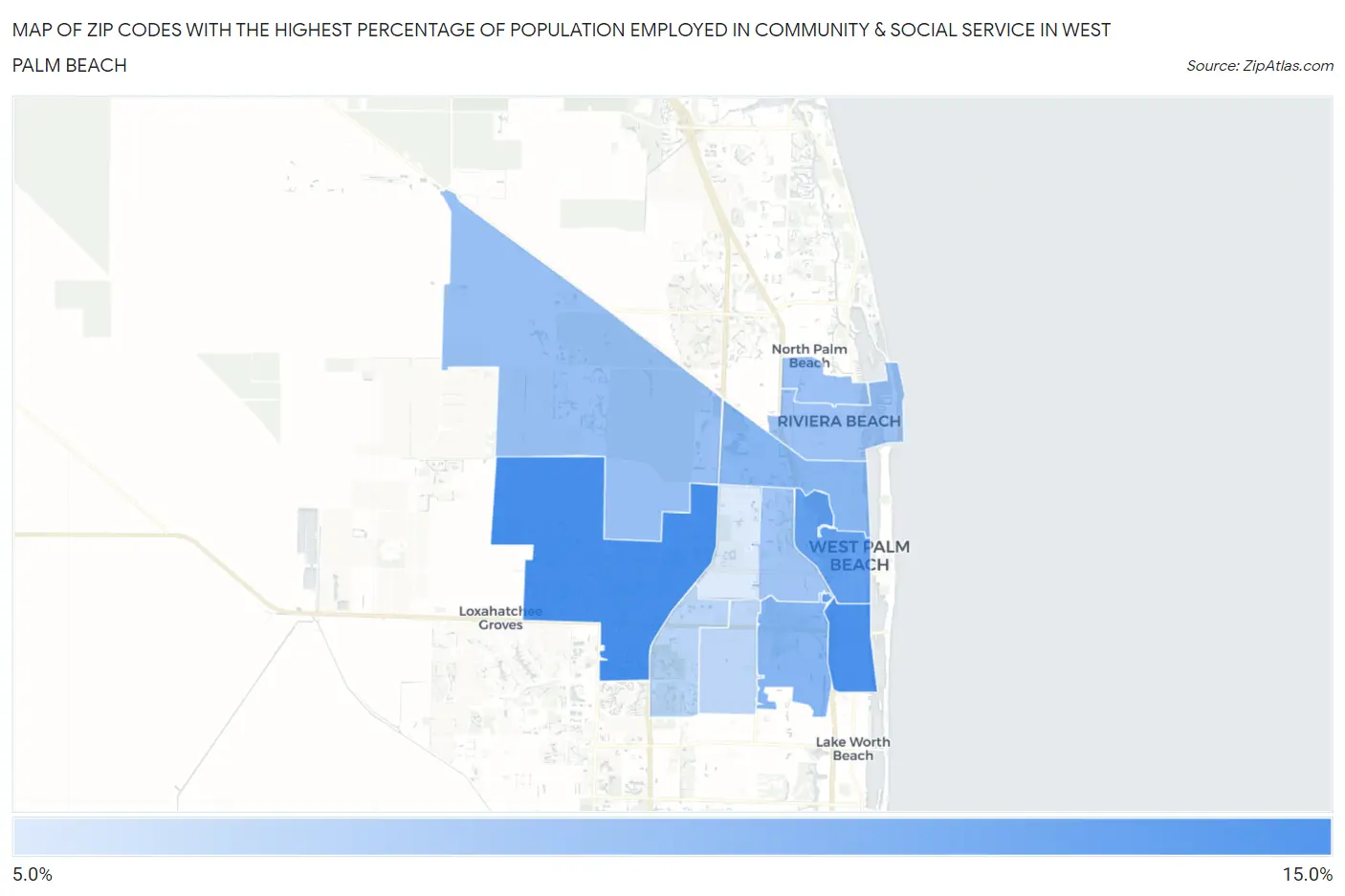 Zip Codes with the Highest Percentage of Population Employed in Community & Social Service  in West Palm Beach Map