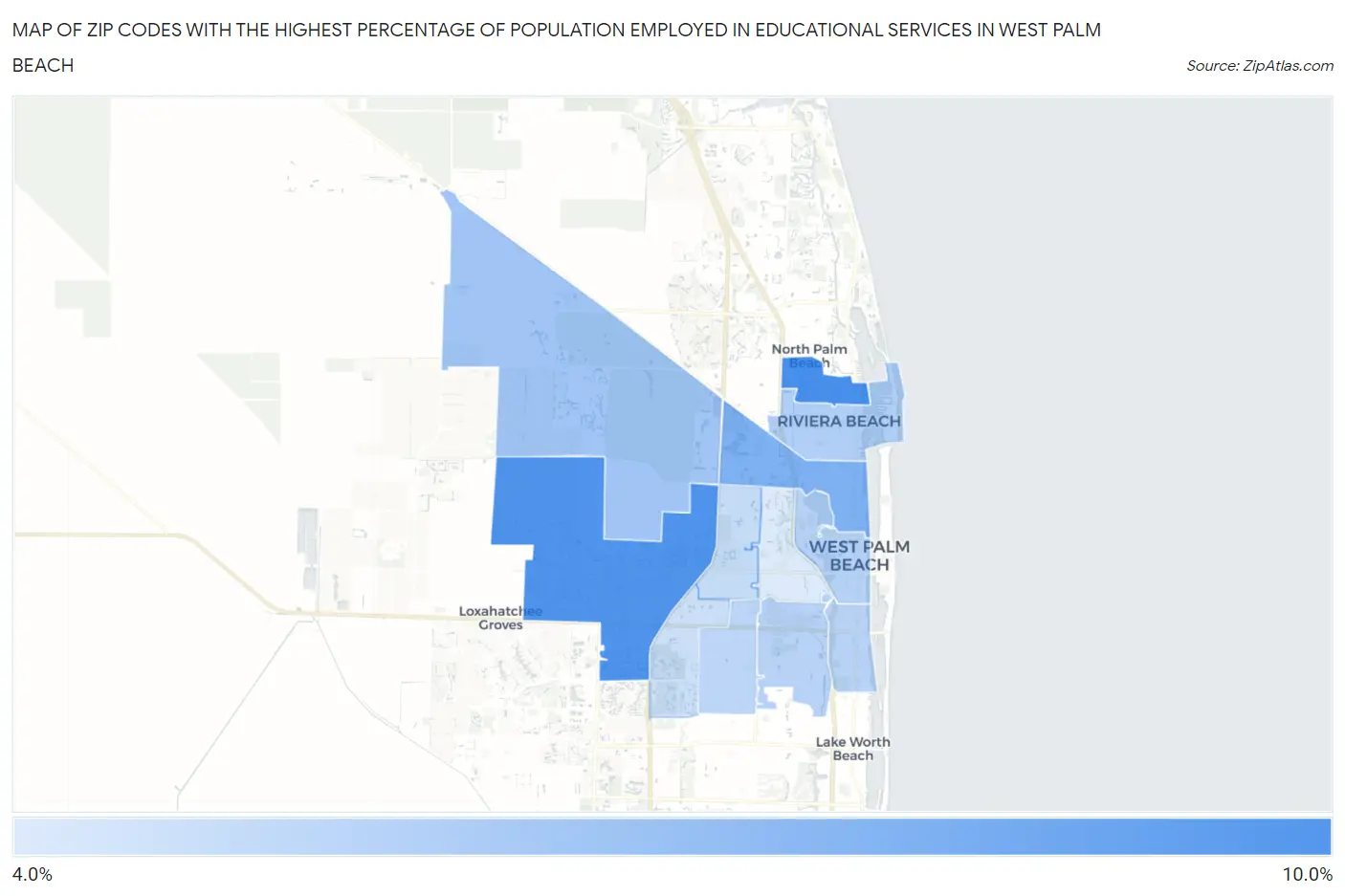 Zip Codes with the Highest Percentage of Population Employed in Educational Services in West Palm Beach Map